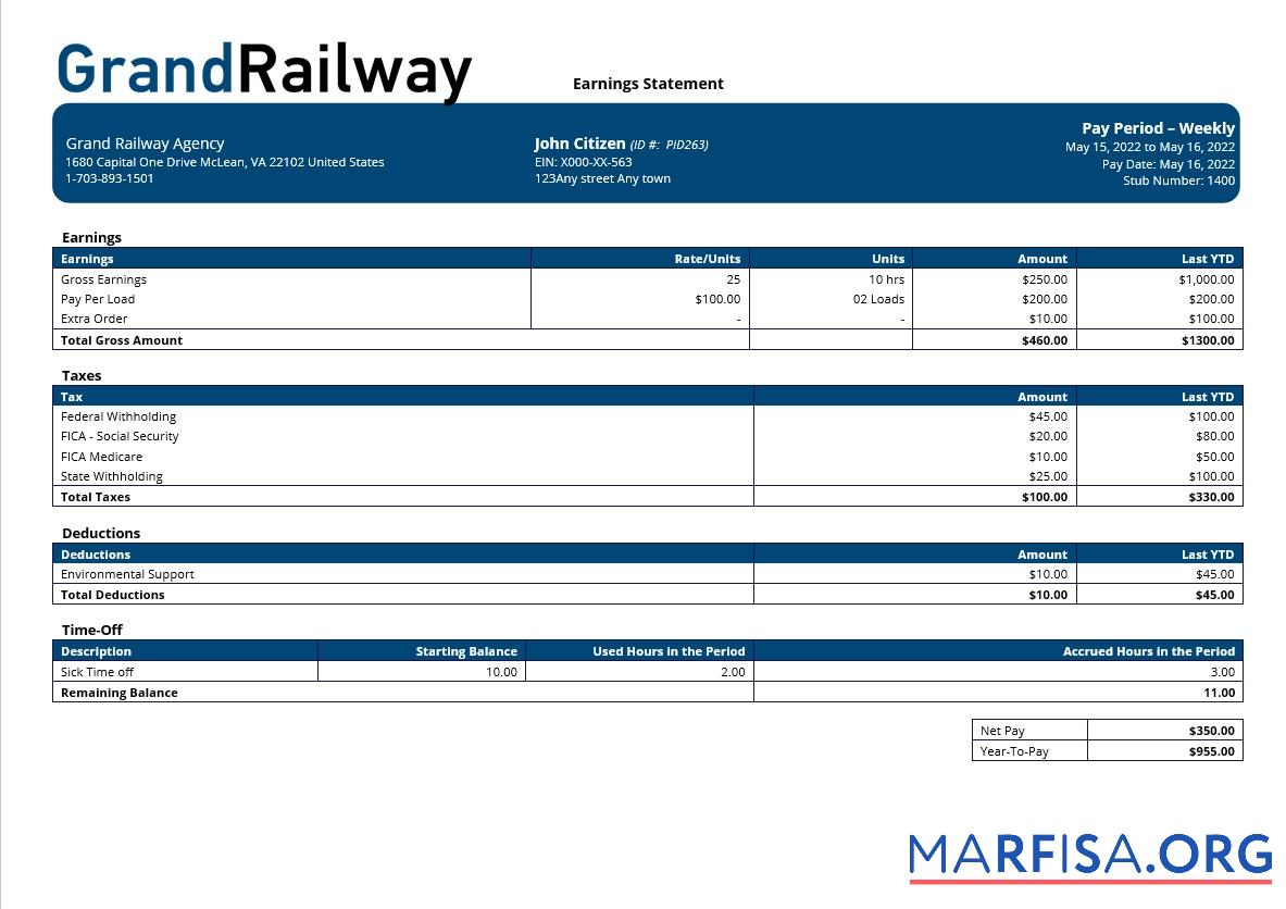 Printable Grand Railway company paystub sample